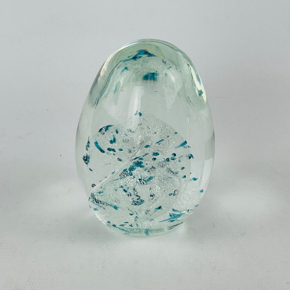 Titan Art Glass Egg Paperweight Blue Flecks Made in USA 3 1/8” H